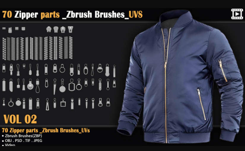 Artstation – 70 Zipper parts _Zbrush Brushes_UVS